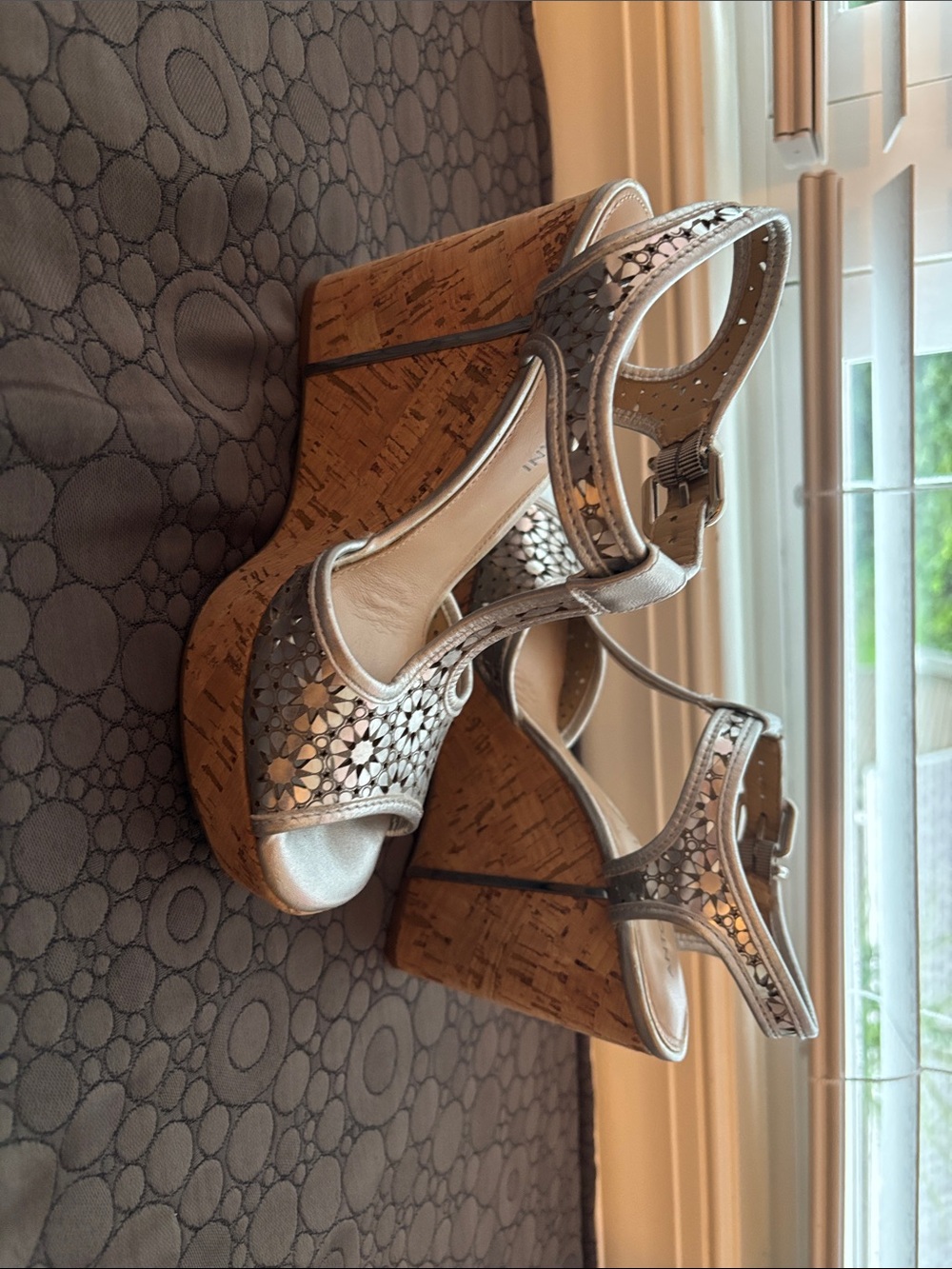 ANTONIO MELANI Silver Laser-Cut Cork Wedge Sandals